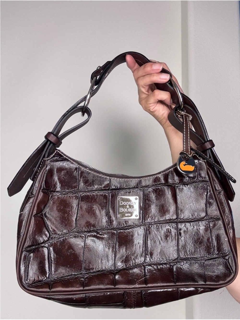 Dooney & Bourke Dark Brown Croc-Embossed Leather Hobo Shoulder Bag
